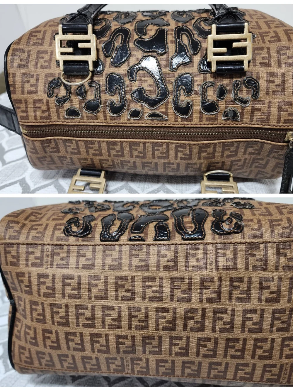 Fendi Zucchino Coated Canvas And Patent Leather Boston Bag Brown/Black